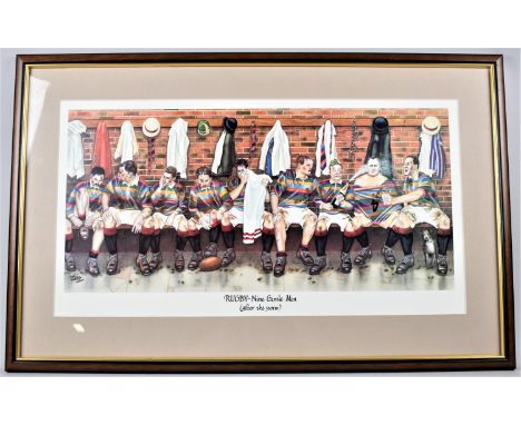 A Framed Rugby Print, "Nine Gentlemen (After the Storm)", 55x29cm 