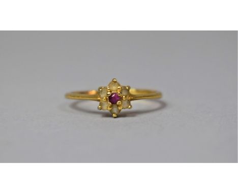 A Gold Plated Ladies Dress Ring with Ruby Stone to Centre of a White CZ Cluster, Size T 