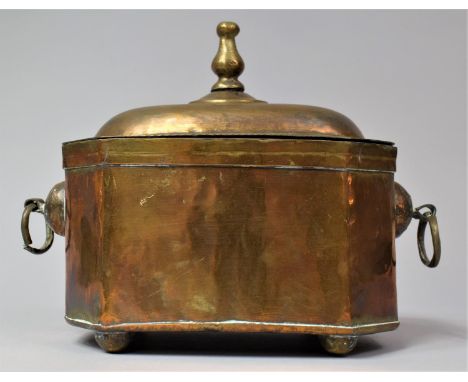 A Dutch Indonesian Colonial Brass Tea Caddy of Sarcophagus Form, with Two Ring Handles and Hinged Lid, 22cm Wide 
