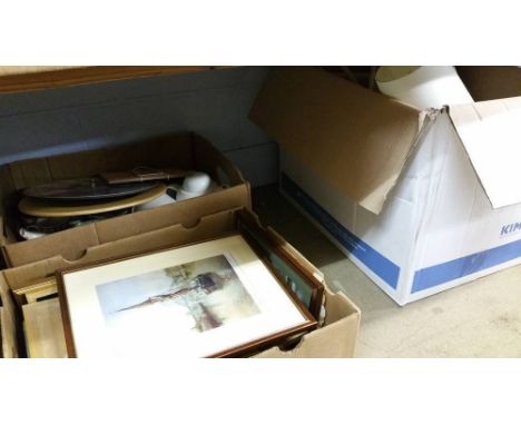 Shelf of assorted pictures, china etc.