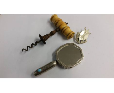 Bone handled corkscrew, silver metal mirror etc.