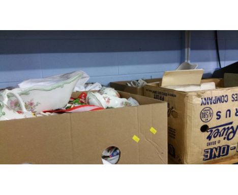 Shelf of assorted , Royal Winton, boxed linen etc.