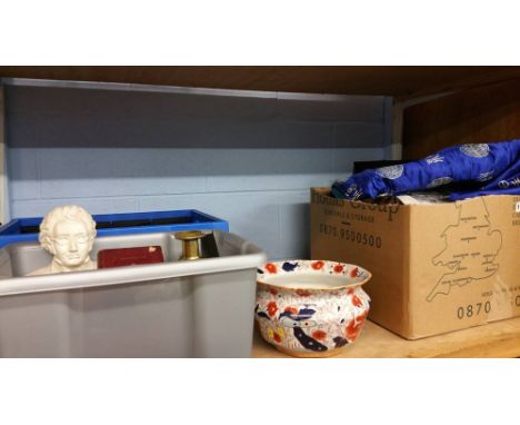 Shelf of assorted brass, silver plate, linen etc.