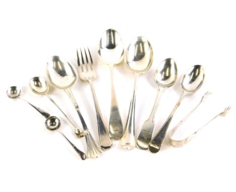 A collection of small silver, to include sugar tongs, salt spoons, fork engraved Peter to handle, etc., 5½oz.