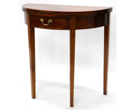 An Edwardian and mahogany boxwood strung demi-lune card table, with a frieze drawer, on square tapering legs, 76cm wide. (AF)