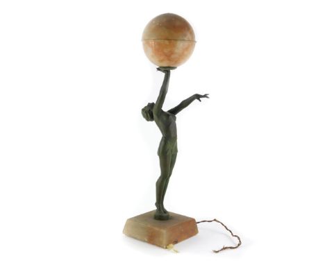 An Art Deco Alabaster and spelter table lamp, with globe shade, female nude support, on a tapering square base, 59cm high. (A