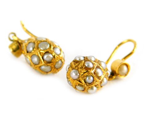 A pair of seed pearl bead earrings, each with drop bead Eastern design, in yellow metal frame, unmarked, 3.4g all in. 