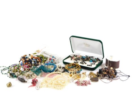 A group of costume jewellery, to include modern beaded necklaces, faux pearl necklace, dress rings, brooches, bangles, etc. (