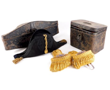 A Naval bicorn hat, with a fitted toleware case, and a pair of Epaulettes in toleware box stamped H. Walker H.I.M, stamped fo