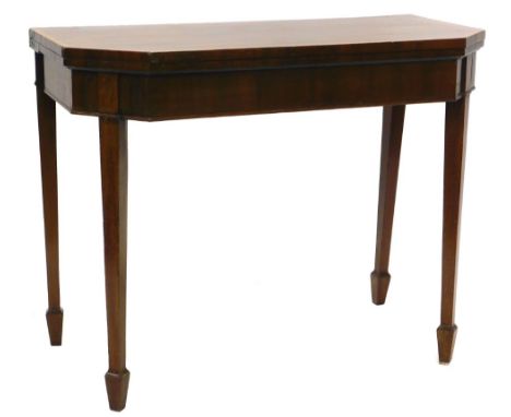 An early 19thC mahogany and tulipwood crossbanded card table, the rectangular top with canted front corners, on square taperi