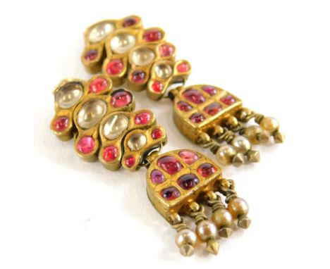 A pair of rolled gold and paste stone set drop earrings, each with red and white stone design, with pearl tassel drops, rolle