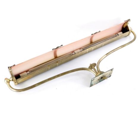 An early to mid 20thC silvered metal ceiling light, with narrow pink shade in the Art Deco style, 77cm wide. 