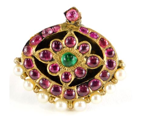 An Indian design dress ring, converted from an oval pendant set with rough cut rubies and emeralds, with cultured pearls, in 