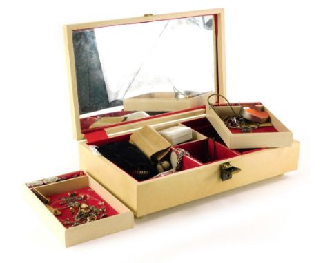 A cream faux leather jewellery box and contents, comprising silver dress earrings, wristwatches, silver plated wares, silver 