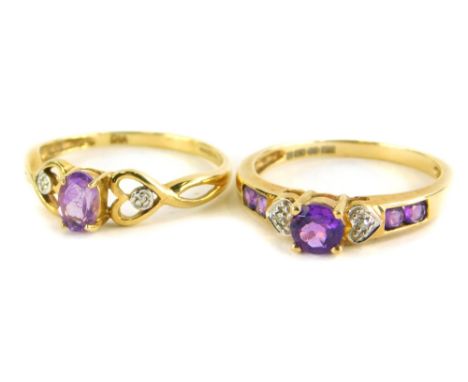 Two 9ct dress rings, each set with amethyst, one of an Art Nouveau type design, with heart shaped design and white stones, ri