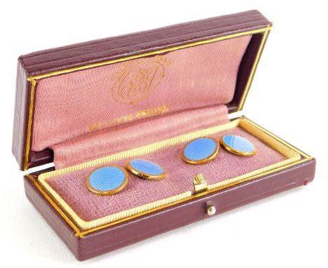 A pair of 9ct gold Asprey enamel cufflinks, the circular blue enamel on a plain gold back, Birmingham 1985, 8.2g all in, in C