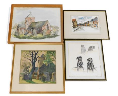 C.O Smith. A church yard, watercolour, 29cm x 28cm, another view of a church, a watercolour, signed by K J L Lochead, and a p