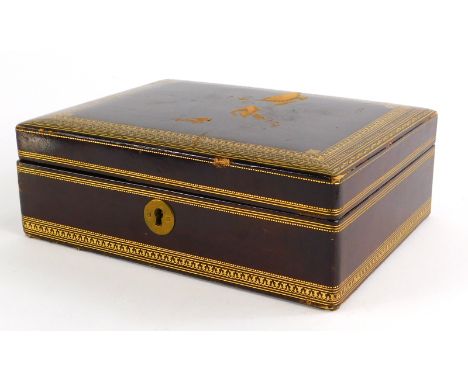 An early 20thC leather gilt tooled jewellery box, with brown velvet lined interior and single shelf, 6cm high, 20cm wide, 15c