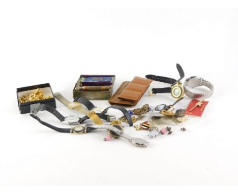 A group of wristwatches badges and effects, to include names such as Zeon, Citron, gentleman's cased shaver, a hunting relate