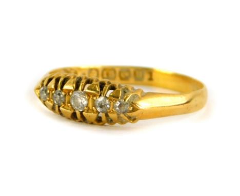 A Victorian 18ct gold gypsy ring, set with three diamonds, ring size R, Birmingham, 2.3g all in.