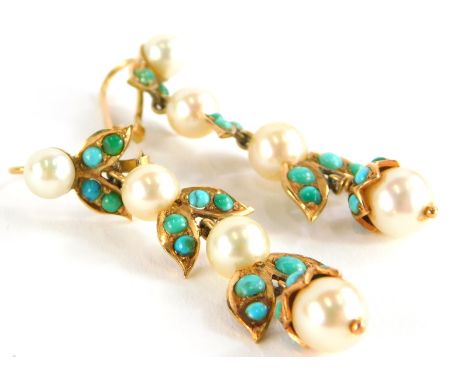 A pair of turquoise and pearl earrings, each of three tier design, with cultured pearl, in yellow metal frame, unmarked, 4cm 