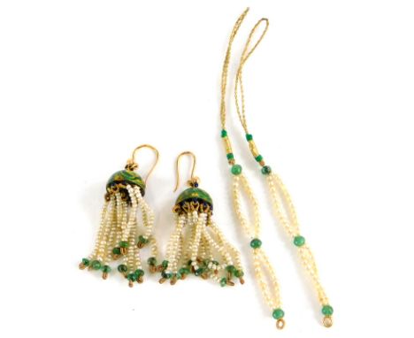 A pair of enamel and seed pearl earrings, the enamel top in green with gold ferns, with blue enamel link top, with various se