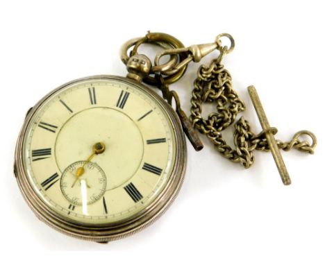 A silver pair cased pocket watch, the white enamel dial, with Roman numerals and seconds dial, with gold hands, key wind, Che