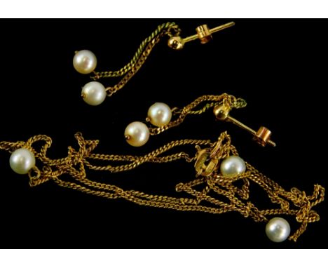 A cultured pearl necklace and earring set, comprising a pair of 9ct gold chain and cultured pearl drop earrings, each on butt