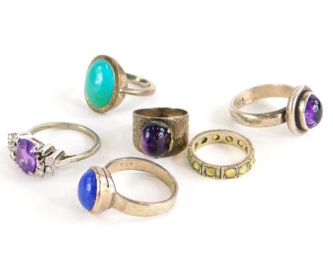 Various silver dress rings, to include silver and lapis set dress ring, ring size O, a silver and turquoise set dress ring, r