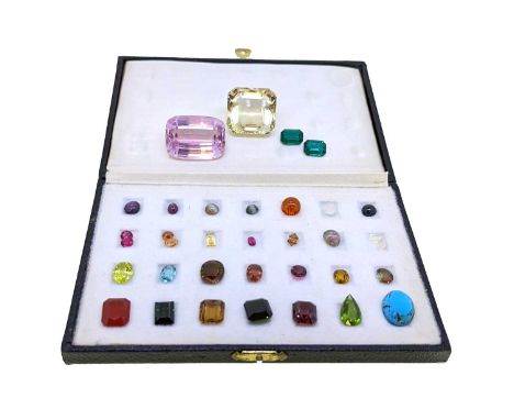 A collection of loose gemstones, a large rectangular cushion shaped kunzite, approximately 36 x 27 x 17.5mm, estimated approx