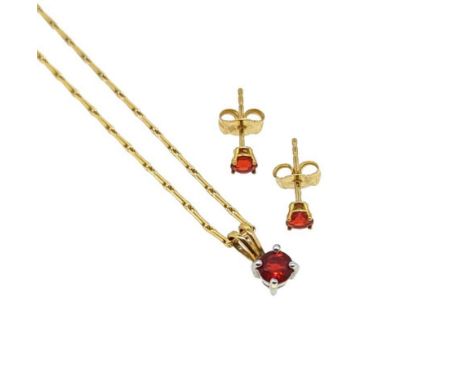 A fire opal pendant and matching ear studs, the pendant with a 5mm round faceted fire opal, chain length 44cm, hallmarked 9ct