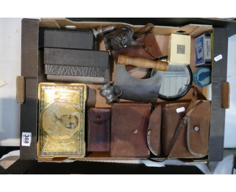 A mixed collection of  items to include early brownie cameras, advertising playing cards, tin boxes, etc 