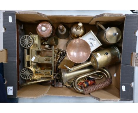 A mixed collection of brassware items to include military style bugle, brass chicken rotisserie, reproduction service bell, m