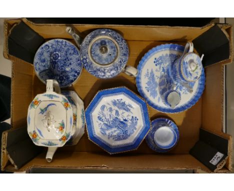 A mixed collection of Copeland blue and white decorated teaware together with Alfred Meakin teapot and stand etc 