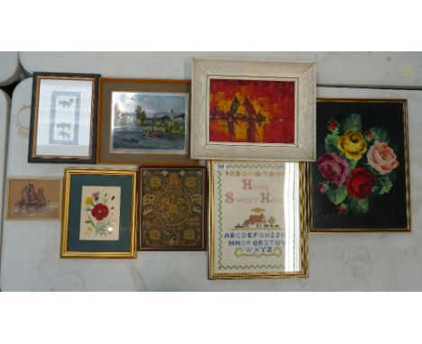 A collection of mixed media studies including mid century oil on canvas depiction of sail boats, large tapestry of floral stu