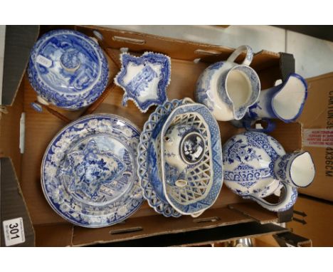 A collection of blue and white pottery (possibly Copeland Spode) to include jugs, fruit baskets, biscuit barrels, decorative 