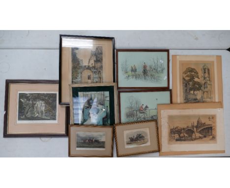 A collection of mixed media art work including themes of horse and carriage hunting landscape etc  (9)