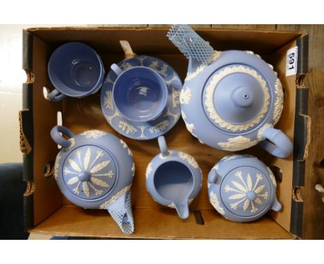 A collection of Wedgwood Jasperware items to include Teapot, Coffeepot , Cream , Sugar, Cups and Saucers etc (8)