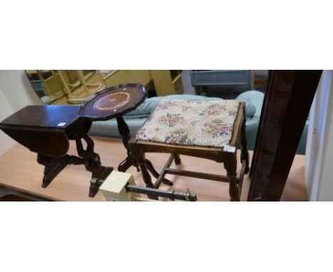 An assortment of items to include small oak drop leaf table, shaped tripod occasional table with leather top, child's piano s