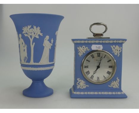 Wedgwood Jasperware mantle clock and similar vase (height of tallest 19cm)