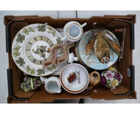 A mixed collection of ceramic items to include Coalport decorative wall plates, Royal Worcester wall clock, small Beswick Wre