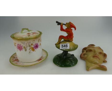 Unmarked ceramic Wall Face in the Art Nouveau style together with Victorian Moore floral decorated storage jar and stand and 