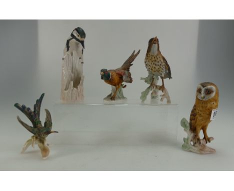 A collection of West German Goebel birds to include Barn Owl,  Song Thrush, Spotted Woodepecker, Hummingbird and Pheasant (5)