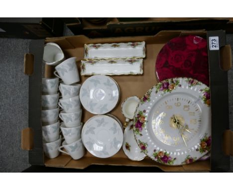 A mixed collection of items to include Royal Albert Old Country Rose Pin dishes, clocks, trinket trays, together with a quant