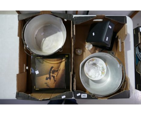 A  mixed collection of items to include large aluminium jam pans, easy listening LPs, boxed Polaroid image system camera, etc