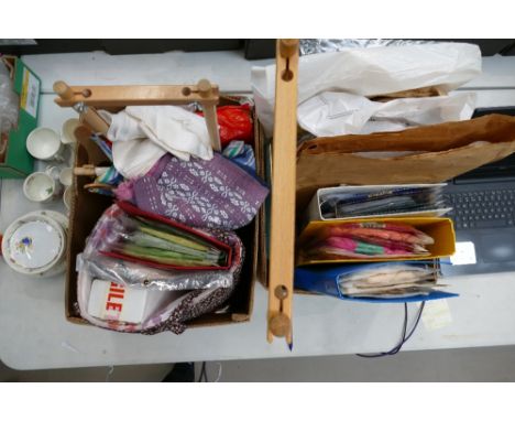 A large collection of tapestry and wool craft items including frames, yarn, tapestry bags, kits etc (2 trays)
