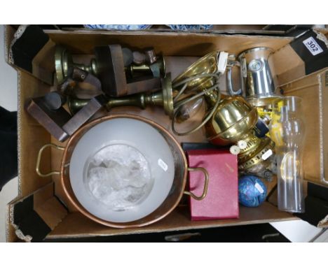 A mixed collection of items to include brass candlesticks, reproduction oil lamp, Rotary club pieces, ornamental wooden booke