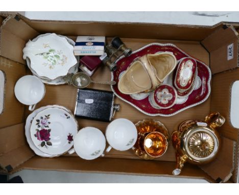 A mixed collection of items to include Colclough part tea set, gilded Royal Worcester teapot and coffee cans, Opera binocular