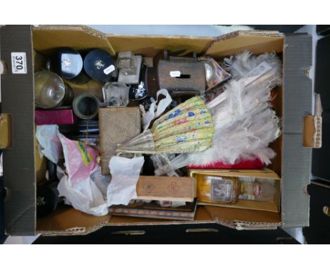 A mixed collection of items to include clocks, music boxes, button sets, compact mirrors, fans, etc 