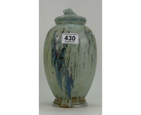 Poole Pottery Tall Green Glazed Jar and Cover with Shell Finial 